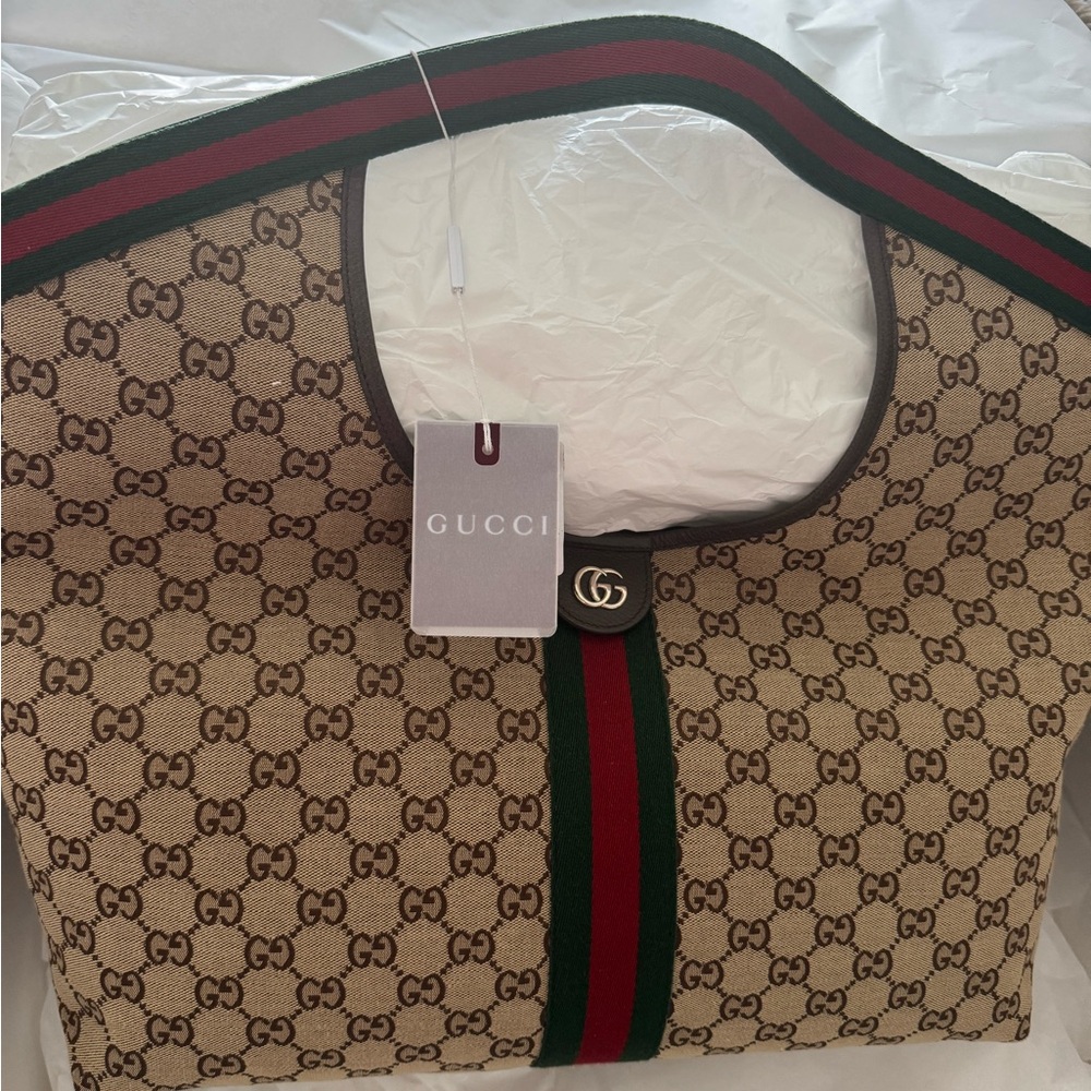 Gucci Giglio-Beige GG Pattern Tote with Red and Green Accents